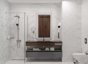 Shower, hair dryer, slippers, towels