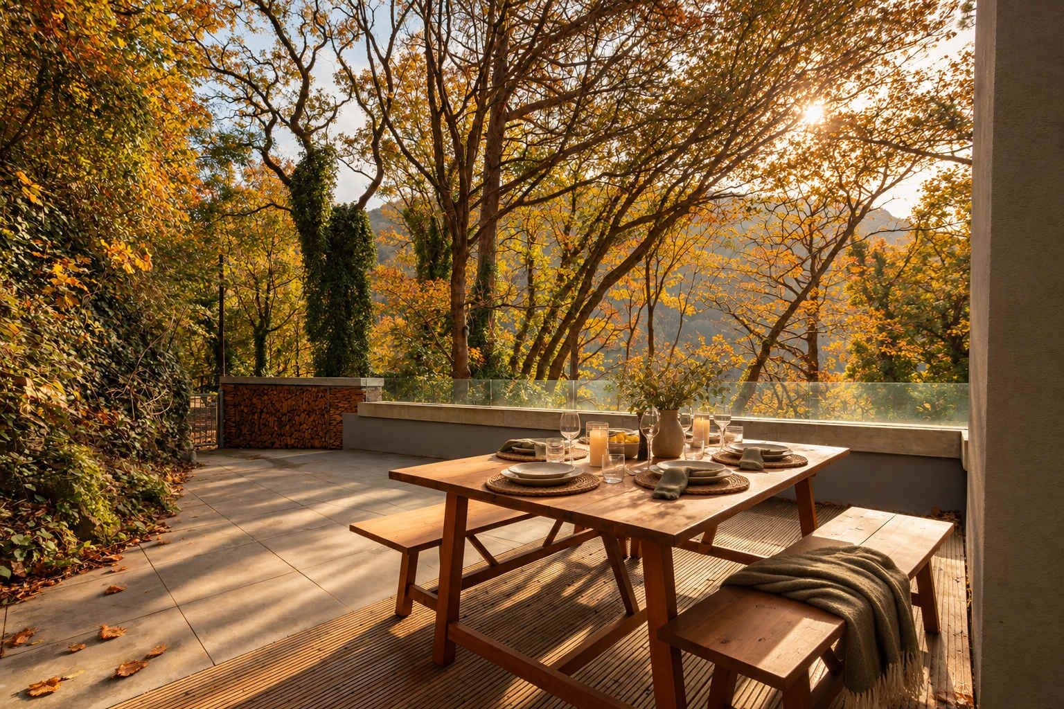 An outdoor dining area with a table set for four, surrounded by trees with autumn foliage, and a view of a mountain range.