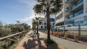 Uma passarela pavimentada com palmeiras, cerca de madeira e um edifício moderno com varandas.
