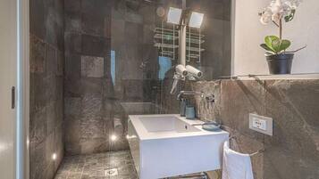 Shower, hair dryer, bidet, towels
