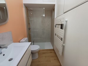 Douche, séchoir à cheveux, serviettes fournies, papier de toilette