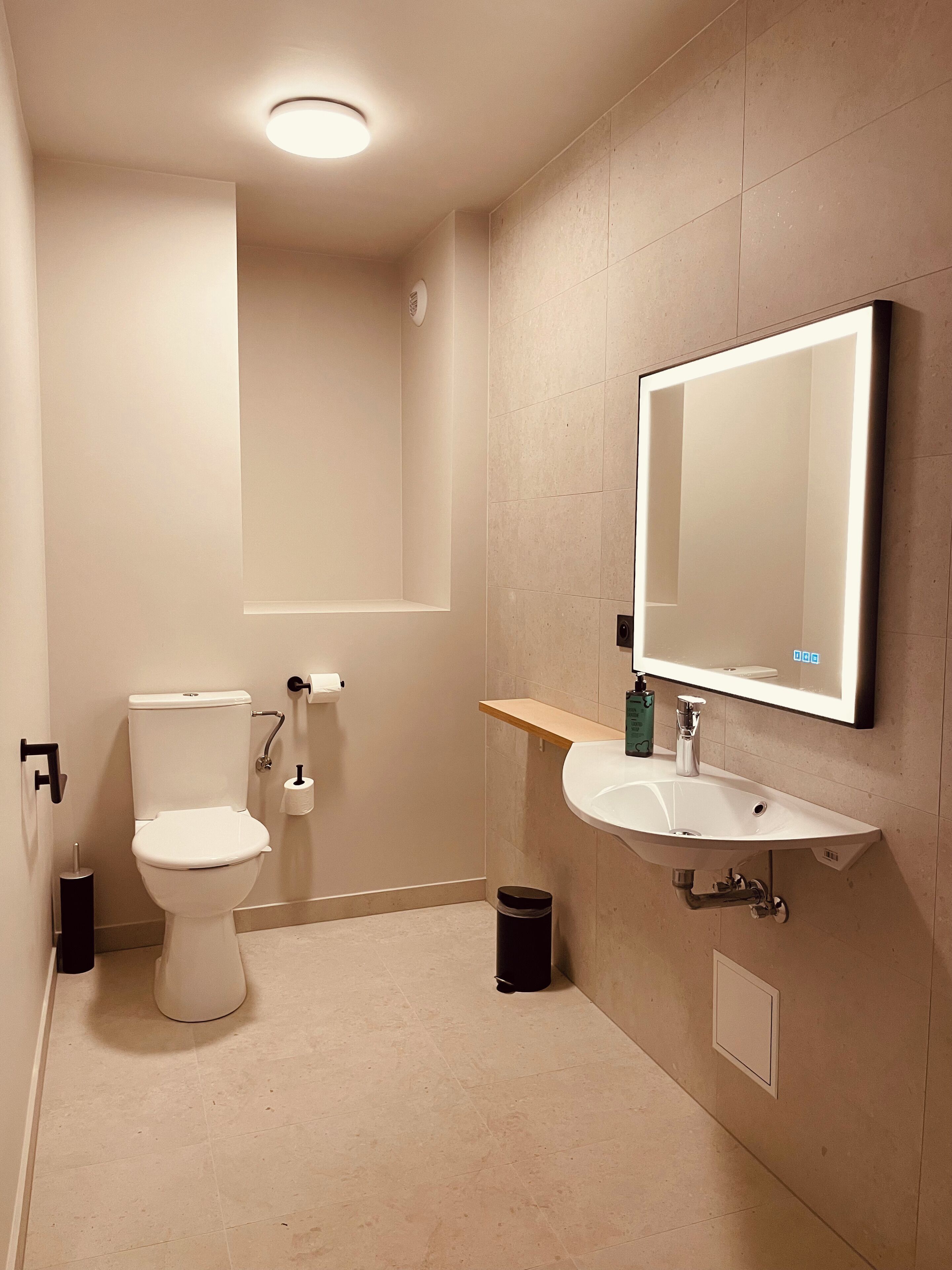 A modern bathroom with a toilet, sink, and mirror.