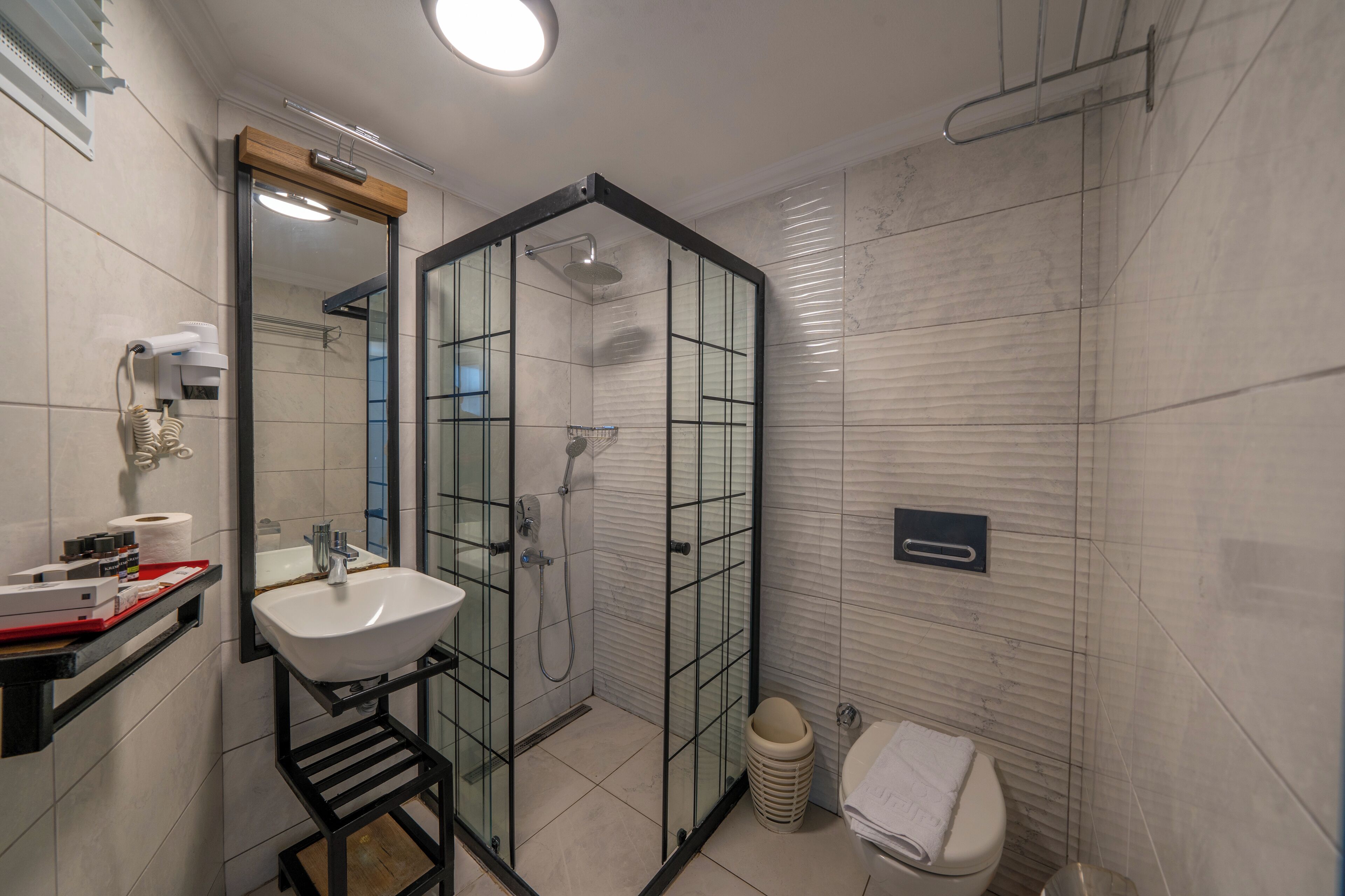 A modern bathroom with a glass-enclosed shower, a sink with a mirror, and a toilet.