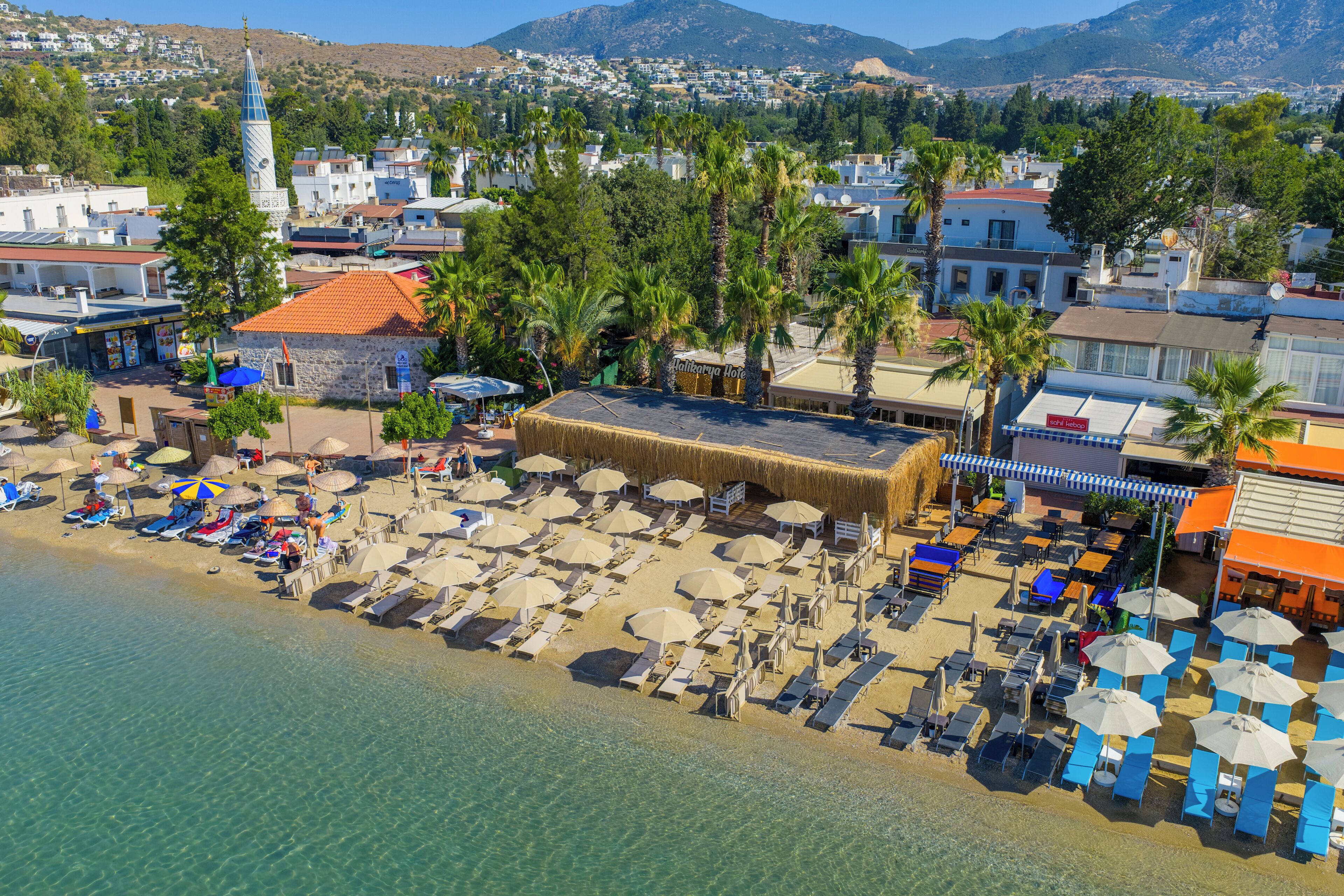 A beachside hotel with sun loungers, umbrellas, and a thatched-roof building.