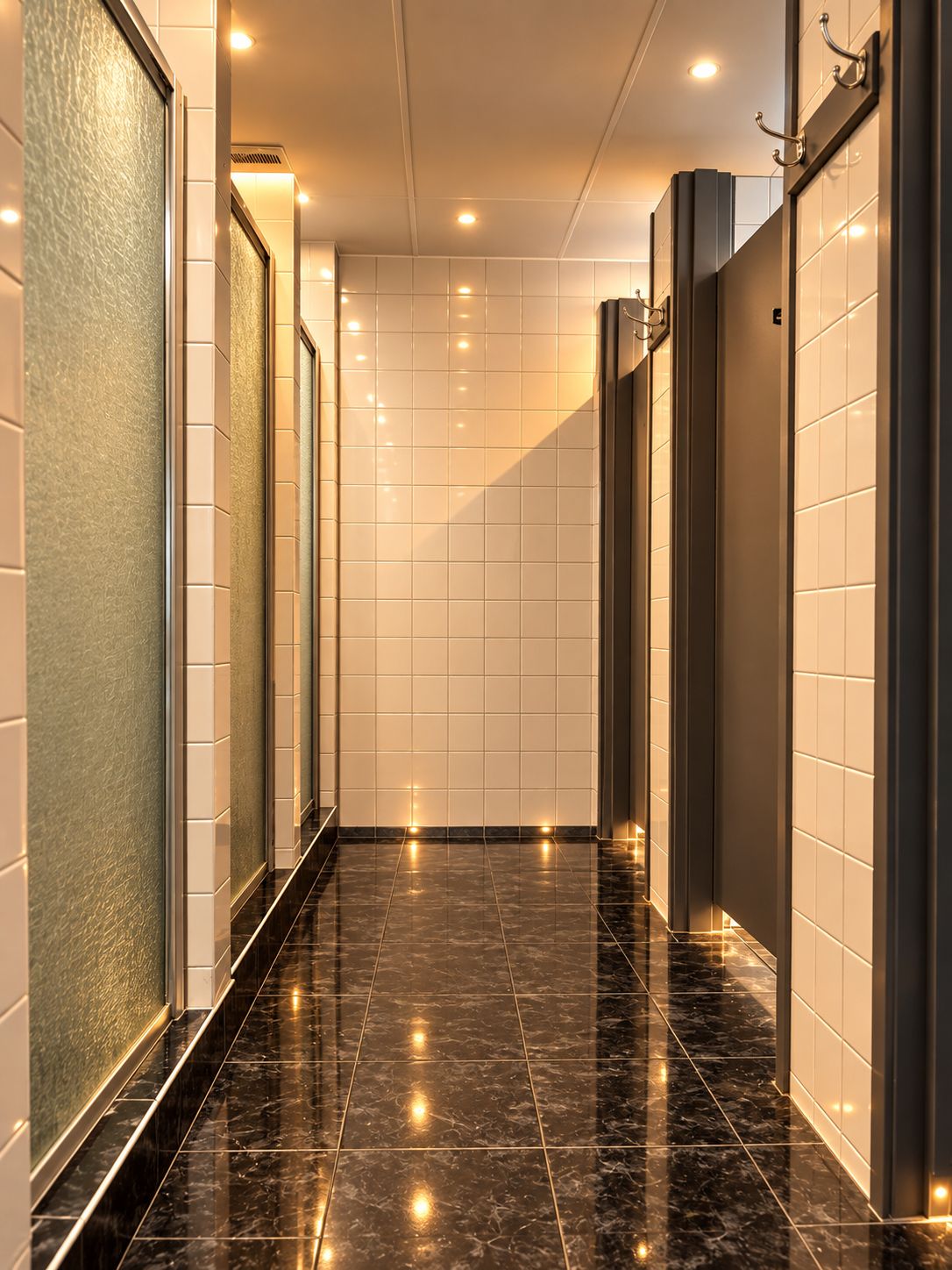 A corridor with tiled walls and a shiny black floor, leading to a door with a frosted glass panel.