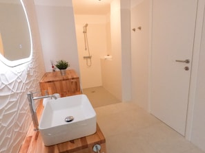 Shower, bidet, towels, toilet paper