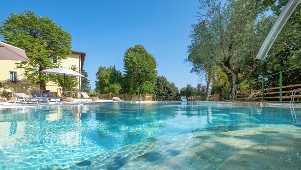 Ein klares Schwimmbecken mit Liegestühlen und Sonnenschirmen, umgeben von Bäumen und einem Gebäude.