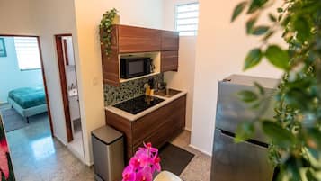 Kühlschrank, Mikrowelle, Herdplatte, Wasserkocher mit Kaffee-/Teezubehör