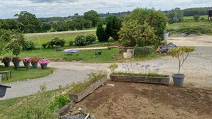 A rural landscape with a gravel path, potted plants, and a field in the background. - Logis de la Provosterie - CROCUS (Ahuille)
