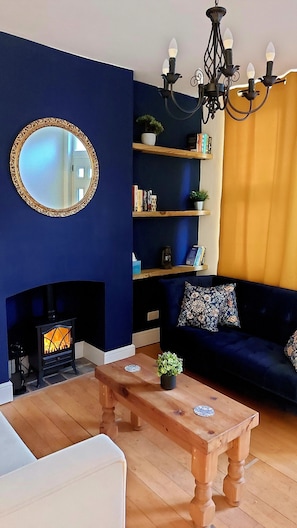 Smart TV, fireplace, DVD player, books