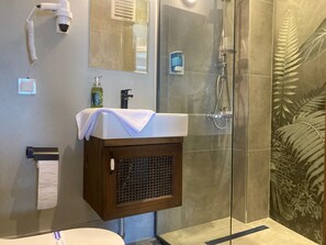 Shower, hair dryer, towels, soap