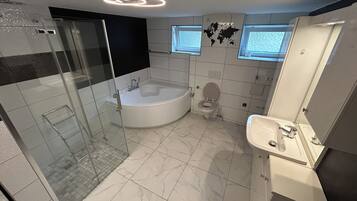 Douche, séchoir à cheveux, bidet, serviettes fournies