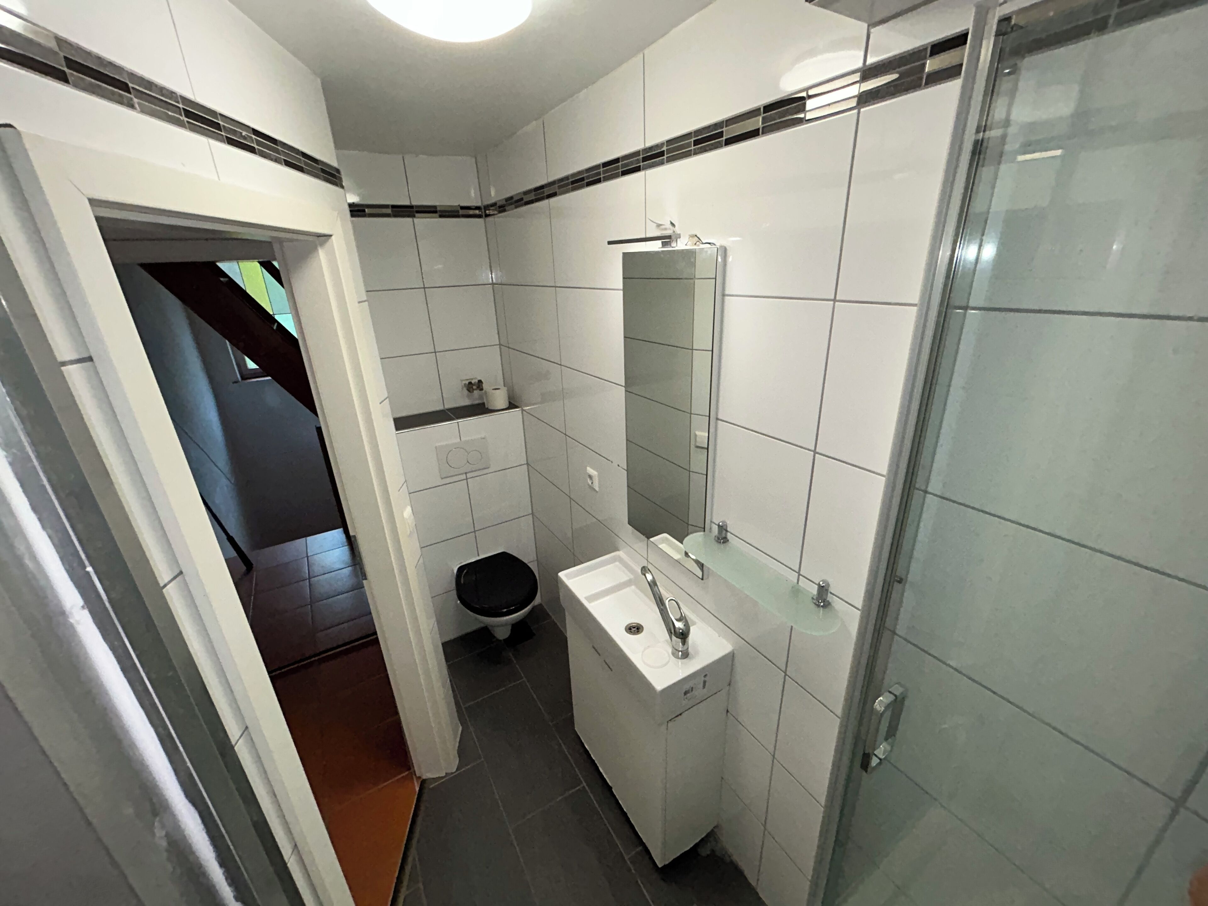 Ein modernes Badezimmer mit weißen Fliesen, einer Duschkabine aus Glas, einem weißen Waschbecken und einer schwarzen Toilette.