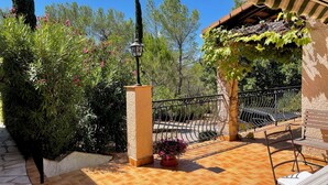 Un patio con suelo de baldosas, baranda de metal y una pérgola cubierta de plantas trepadoras.