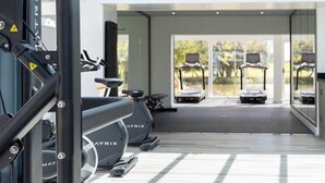 A modern gym with exercise equipment, large windows, and a view of the outdoors.