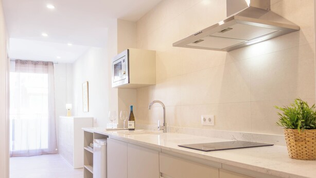 Una cocina moderna con armarios blancos, una campana extractora de acero inoxidable, un microondas integrado y una planta en maceta sobre la encimera.