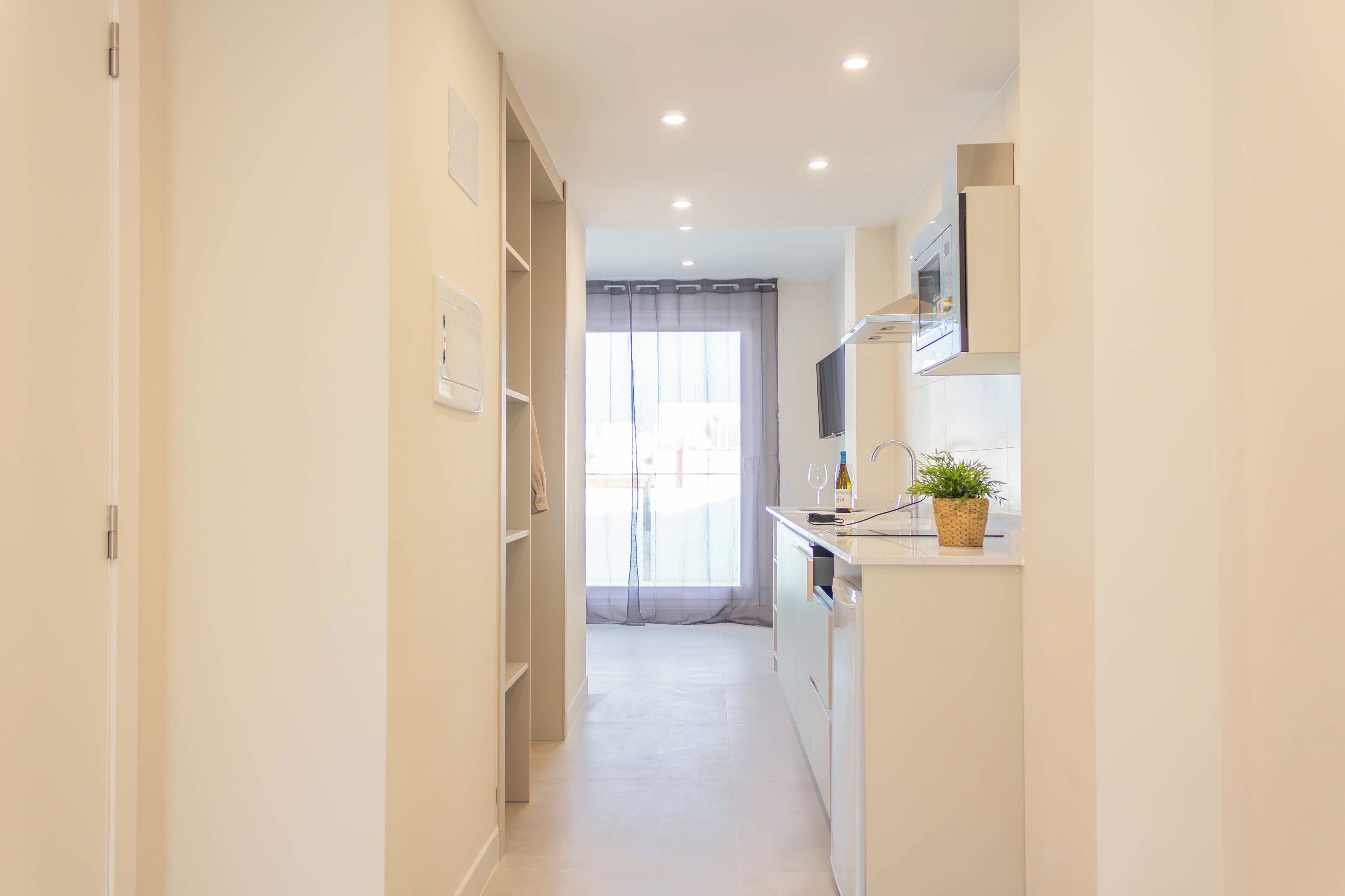 A narrow hallway leading to a kitchen with a window, a potted plant, and a TV on the counter.