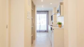 A narrow hallway leading to a kitchen with a window, a potted plant, and a TV on the counter.