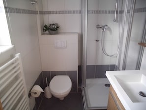 Regadera, secadora de cabello, jabón, papel de baño