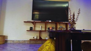 Una sala de estar con un televisor de pantalla plana montado en un estante de madera, rodeada de objetos decorativos y una planta en maceta.
