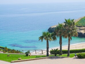 A coastal view with a paved walkway, palm trees, and a beach.