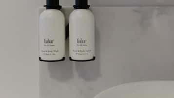 Secadora de cabello, toallas, jabón, shampoo