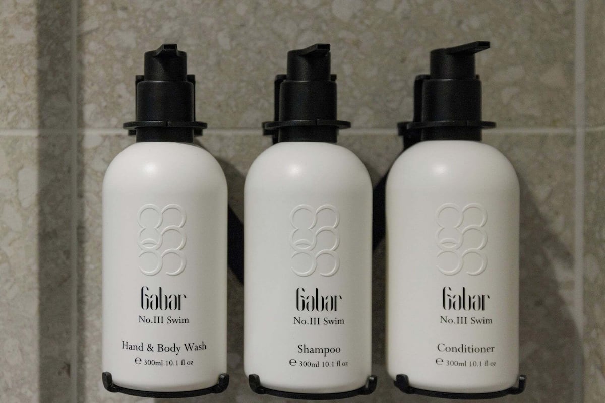 Hair dryer, towels, soap, shampoo