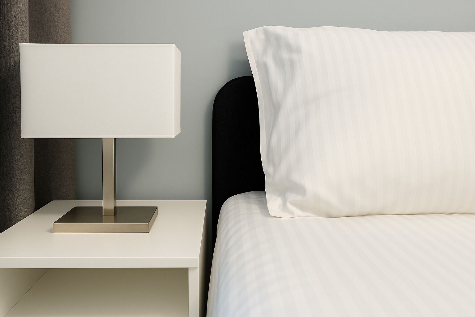 Una cama bien hecha con ropa de cama blanca y un cabecero negro, acompañada de una mesita de noche con una lámpara blanca y una base metálica.