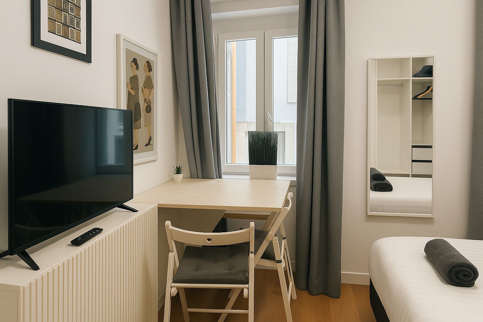 Et hotelværelse med en seng, et skrivebord med stol, et fjernsyn, et vindue med gardiner, en potteplante og et klædeskab.