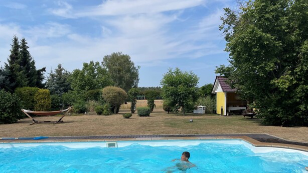 A swimming pool with a person in the water, surrounded by a grassy yard with trees and a hammock. - Matti vacation home in the Lusatian Lakeland (Schipkau)
