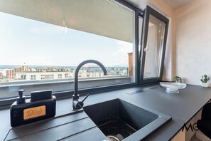 Deluxe Apartment, Mountain View | Private kitchen | Full-sized fridge, microwave, oven, stovetop