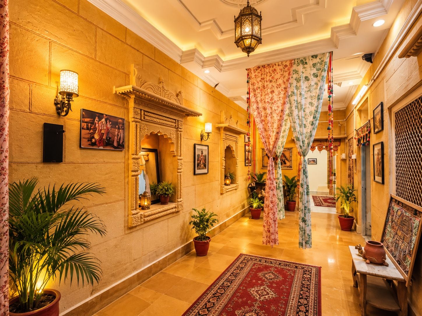 Un pasillo con decoraciones ornamentales en las paredes, plantas en macetas y una alfombra tradicional.