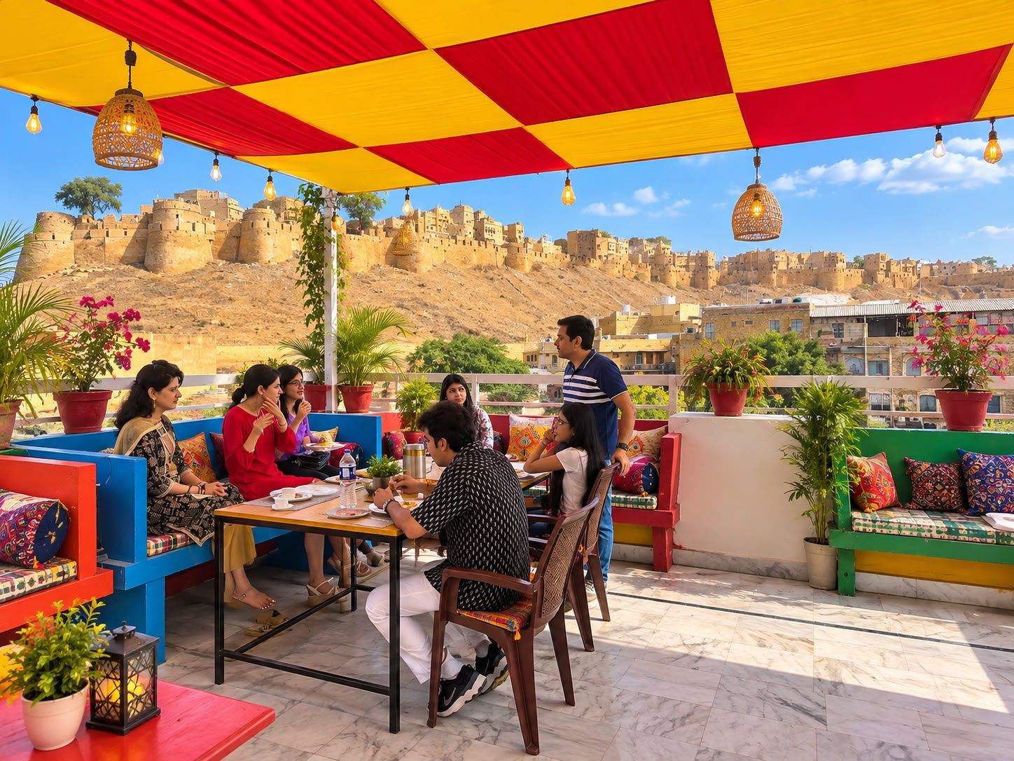 Un grupo de personas cenando en una mesa al aire libre, con una fortaleza histórica al fondo.
