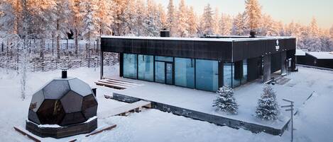 A modern, dark-colored building with large glass windows, surrounded by a snowy landscape and trees.