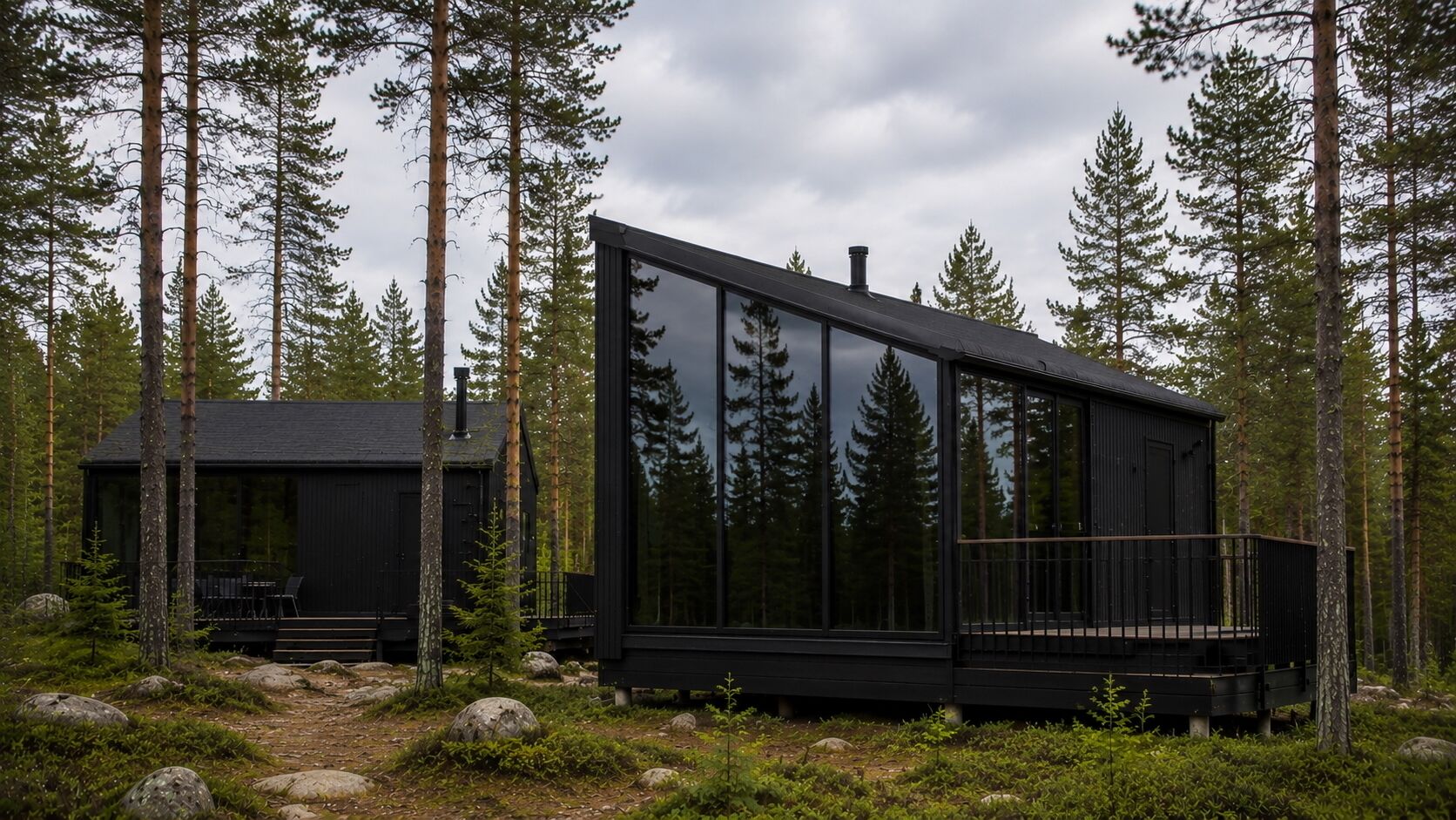 Une cabane dotée d’une grande baie vitrée, d’une terrasse et surplombant une forêt.