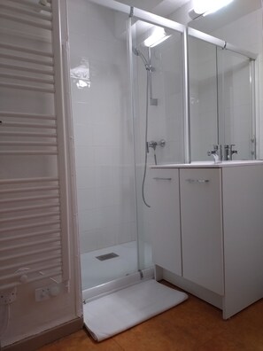 Shower, towels, toilet paper