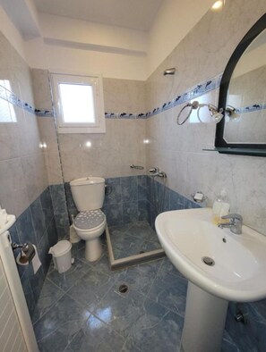 Un baño con inodoro, lavamanos y ducha.