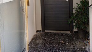 A dark wooden door with a silver handle and a small keyhole, a white door with a decorative frame, and a potted plant to the right. - Home & Garden with free parking close to Olympic Stadium (Nea Ionia)