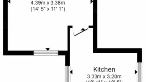 A floor plan with two bedrooms, a living room, a kitchen, a bathroom, and a hall.