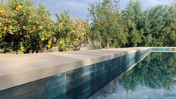 Una piscina con superficie reflectante, rodeada de árboles y follaje.