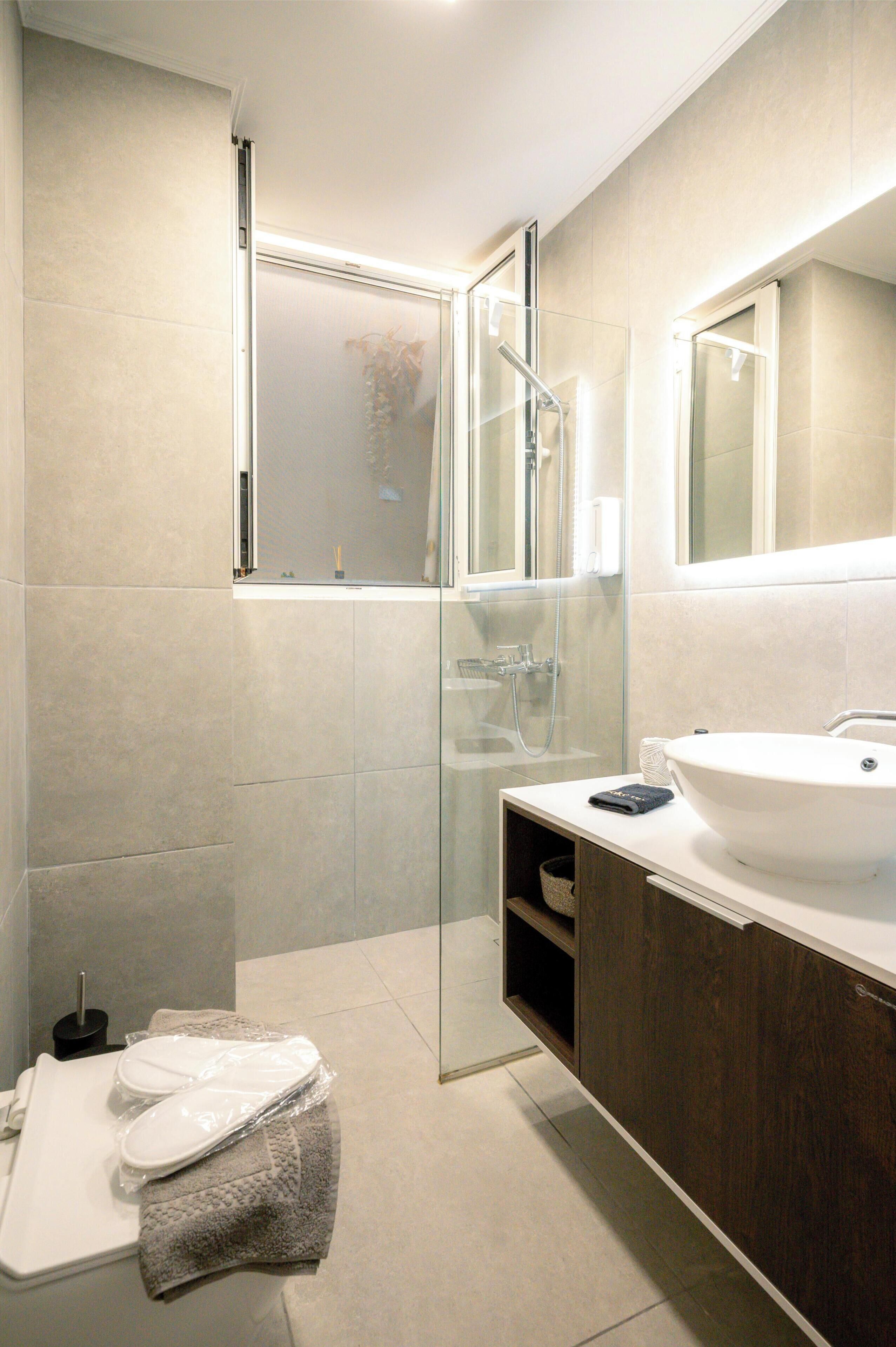 A modern bathroom with a glass shower enclosure, a white sink, and a mirror above it.
