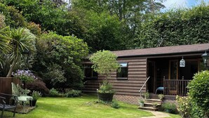 A small house with a front porch, a garden with various plants, and a pathway leading to the house.
