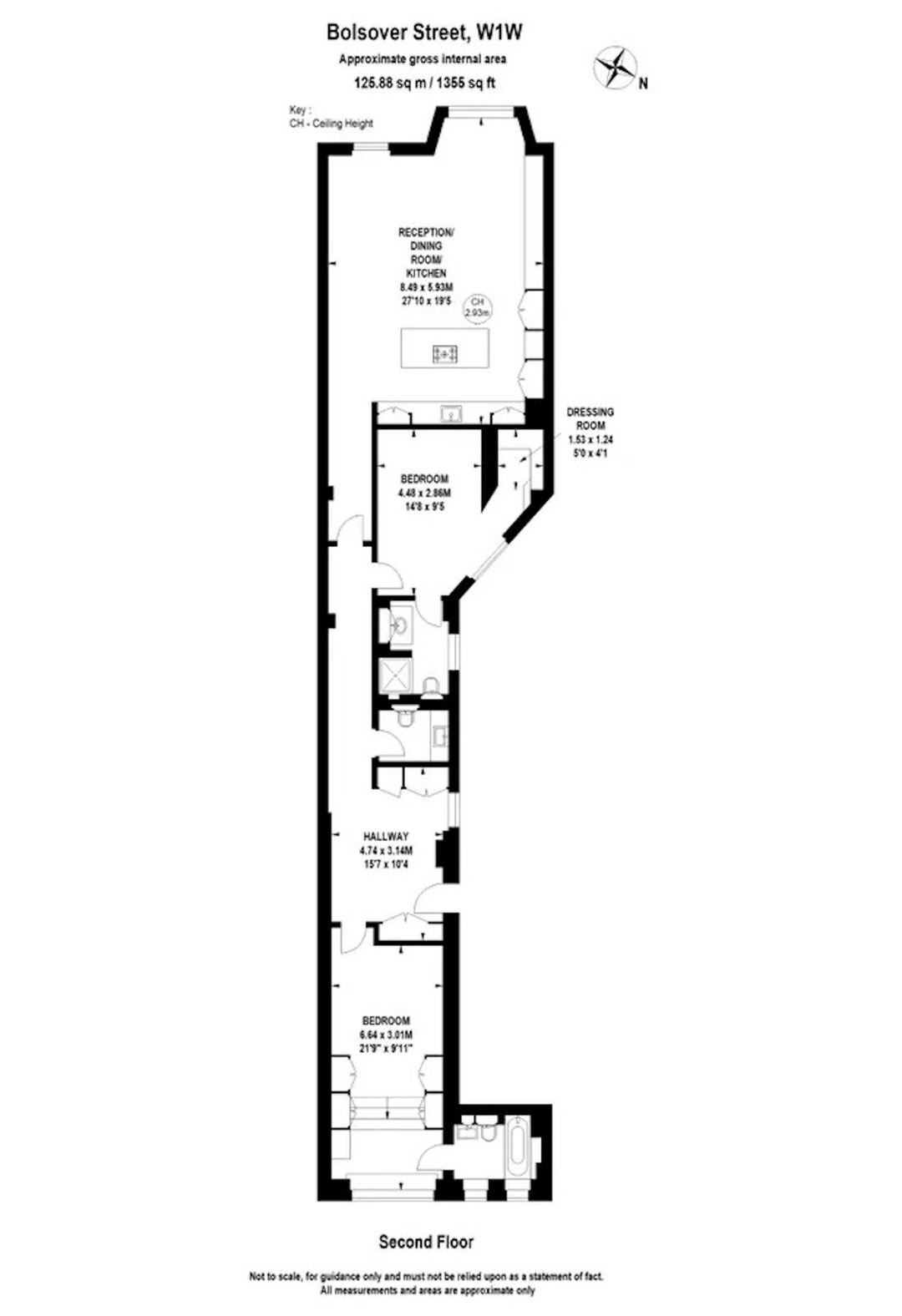 En planritning över en lägenhet på andra våningen på Bolsover Street, W1W, med ett vardagsrum/matrum, kök, två sovrum, ett omklädningsrum och en hall.