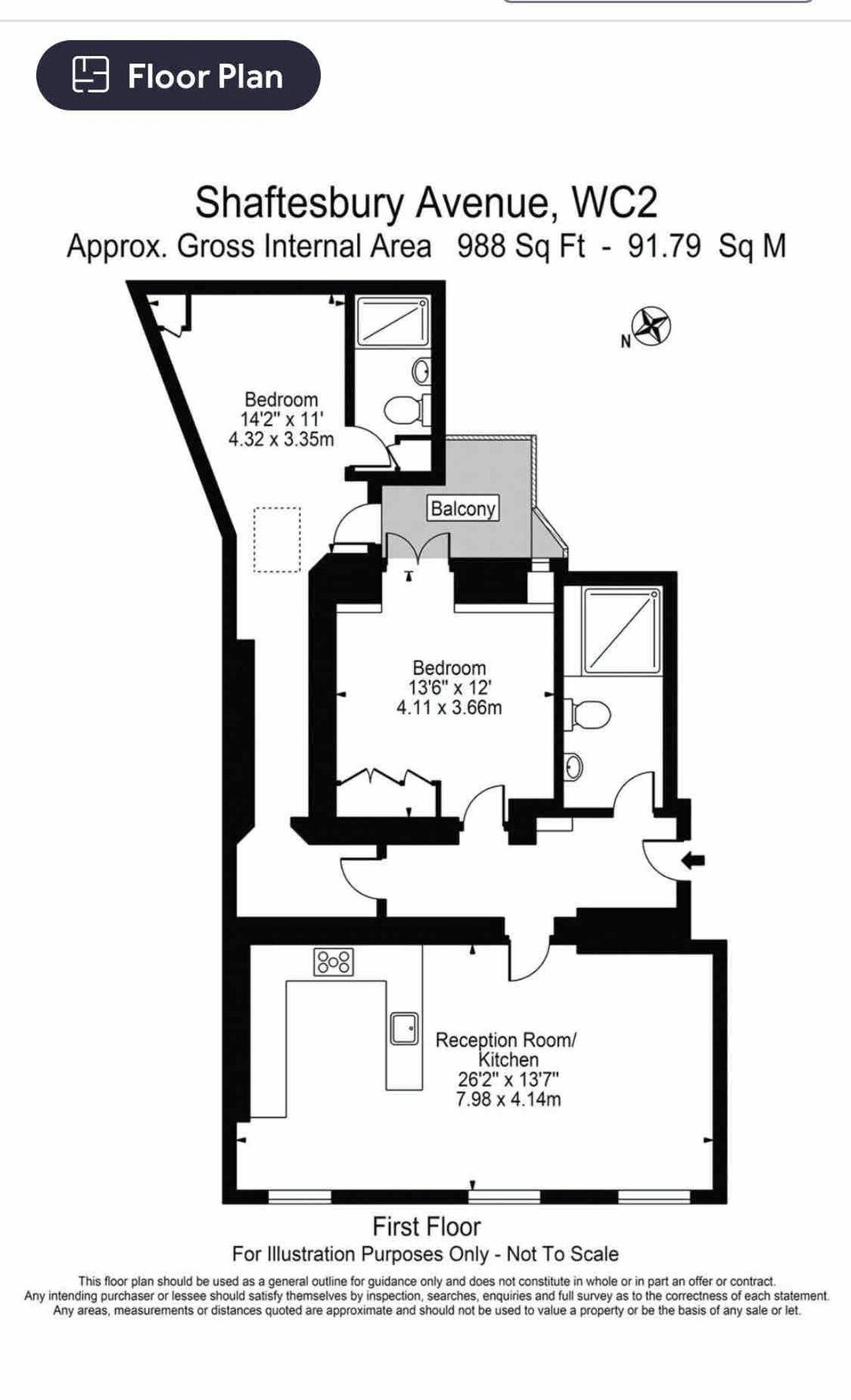 A floor plan of Shaftesbury Avenue, WC2, including two bedrooms, a balcony, and a reception room/kitchen.