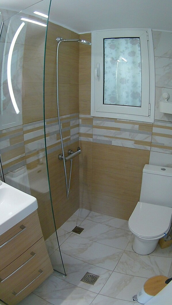 Une salle de bain avec une douche à parois de verre, des toilettes et un lavabo.
