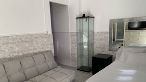 A hotel room with a grey sofa, a bed with white bedding, a glass cabinet, a television, and a brick-patterned wall. - Studio with independent entrance in Madrid (Madrid)