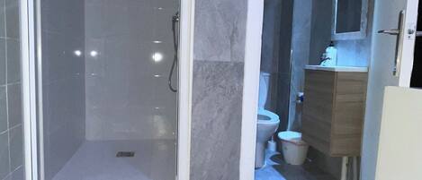 Shower, hair dryer, towels, soap