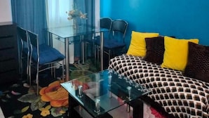 Condo, 1 Bedroom, Private Pool, City View | Living room - Modern Condo in Quezon City With Private Pool and City Views (Quezon City)