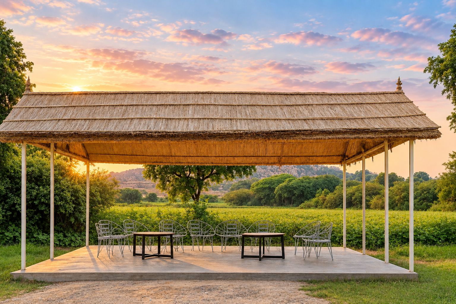 A covered outdoor seating area with tables and chairs, surrounded by greenery and a clear sky.