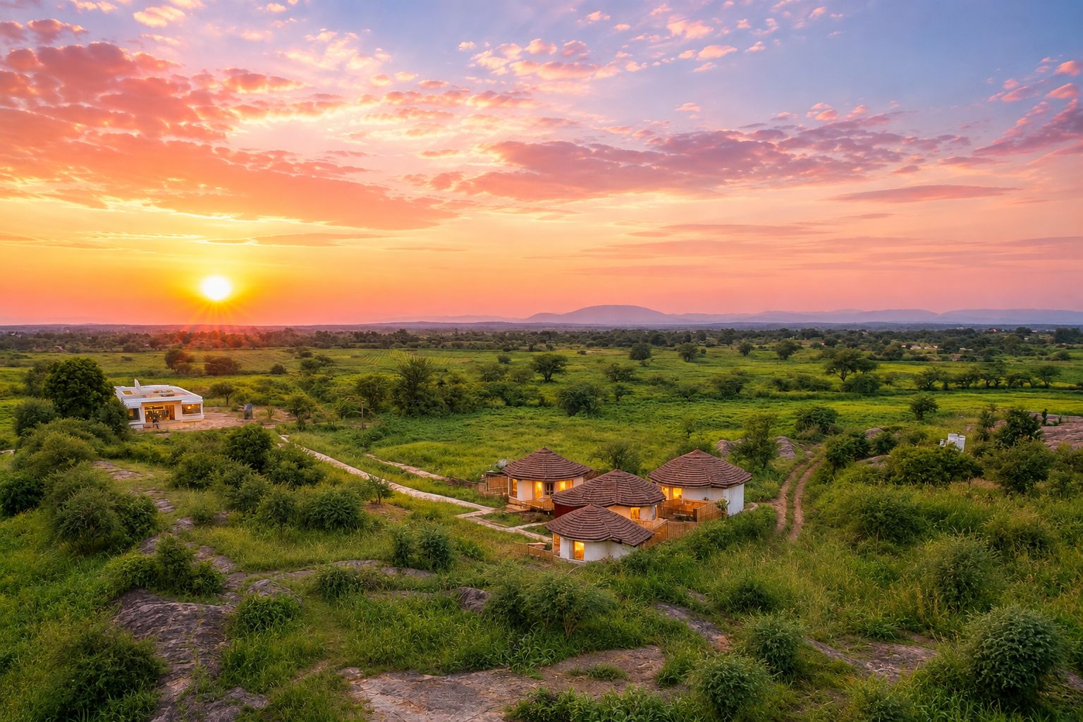 Un paisaje rural con un grupo de casas bajo un cielo despejado al atardecer.